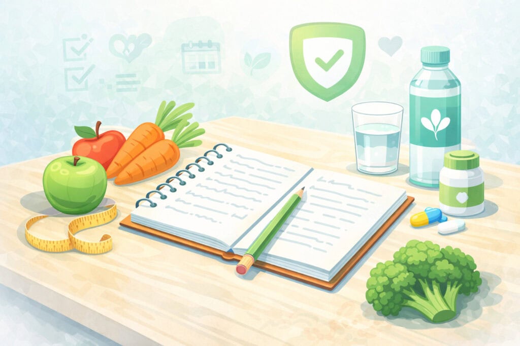 A dietetikai konzultáció szakmai tartalmát bemutató illusztráció: jegyzetek, mérőszalag, zöldségek és egészséges életmódot jelképező elemek.