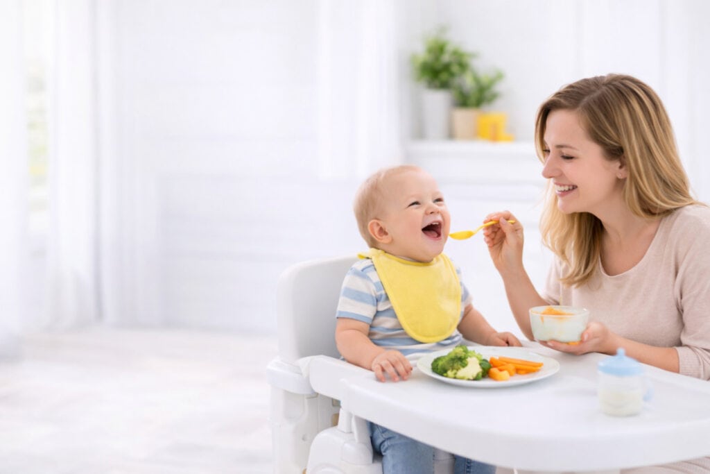 Gyermekdietetikai tanácsadás – anya eteti mosolygó kisbabáját egészséges ételekkel