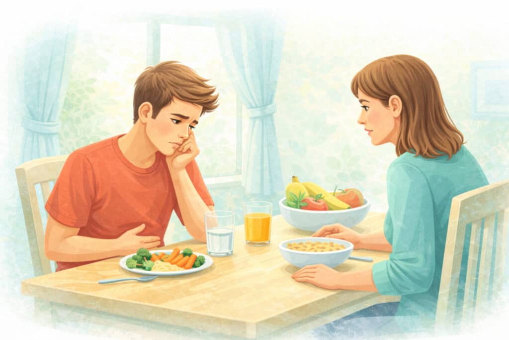 Kamasz egészséges étkezés közben családi környezetben